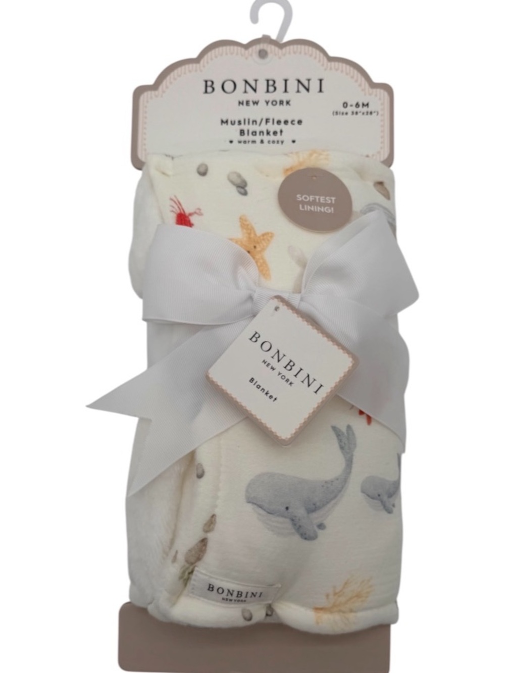 BONBINI Baby Blanket Cream Muslin Fleece Whale Sea Life Nursery Newborn Gift